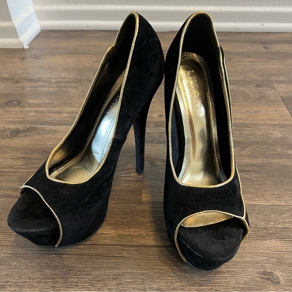 Liliana Black Suede Gold Trim Open Toes Platform Stilettos Heels Peep Toe Pump 8